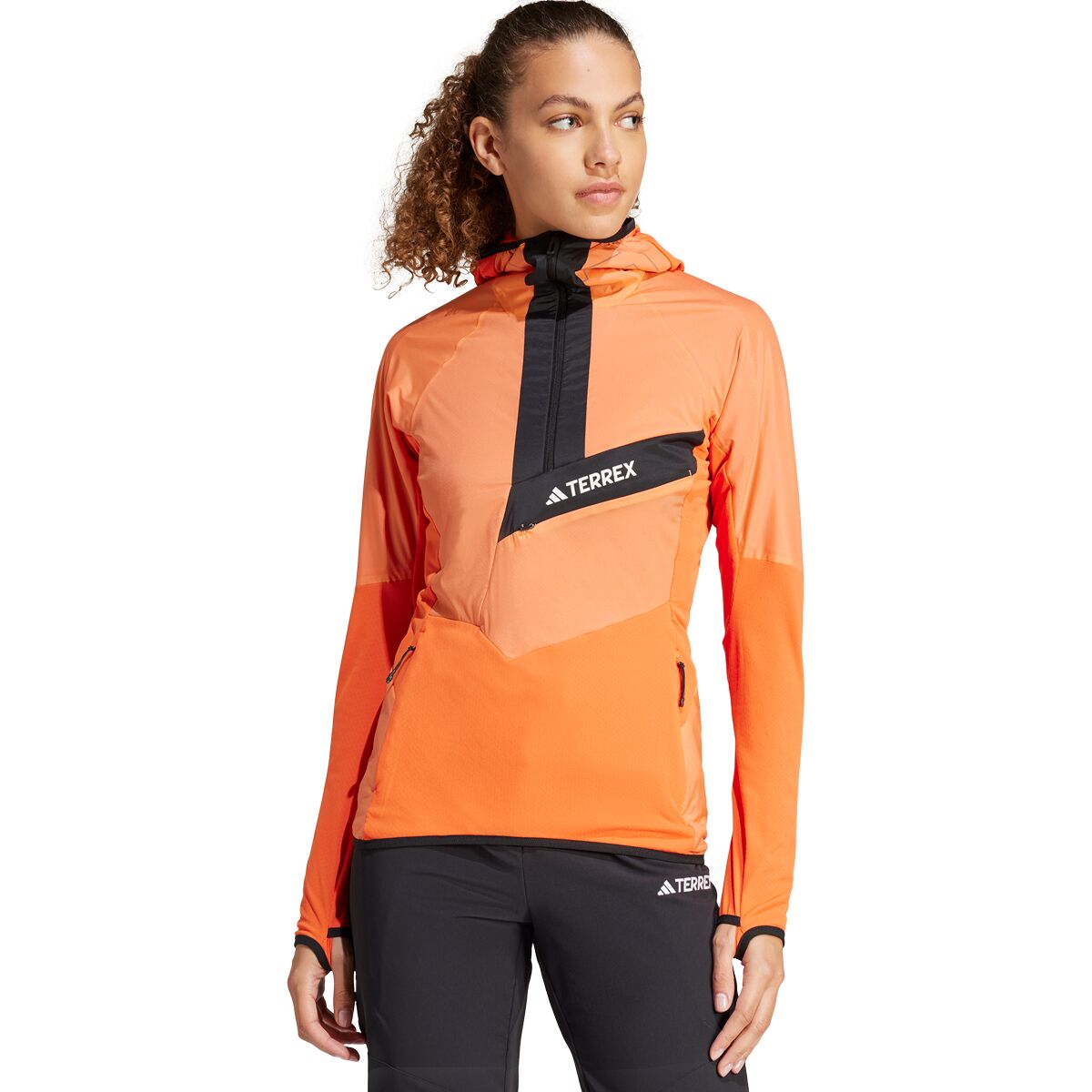 Image of Adidas TERREX Techrock Ultralight 1/2-Zip Hooded Fleece Jacket - Women's Semi Impact Orange/Amber Tint, XS