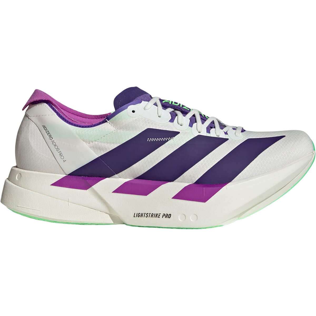 Image of Adidas Adizero Adios Pro 4 Running Shoe - Men's Core White/Collegiate Purple/Lime Burst, 11.5
