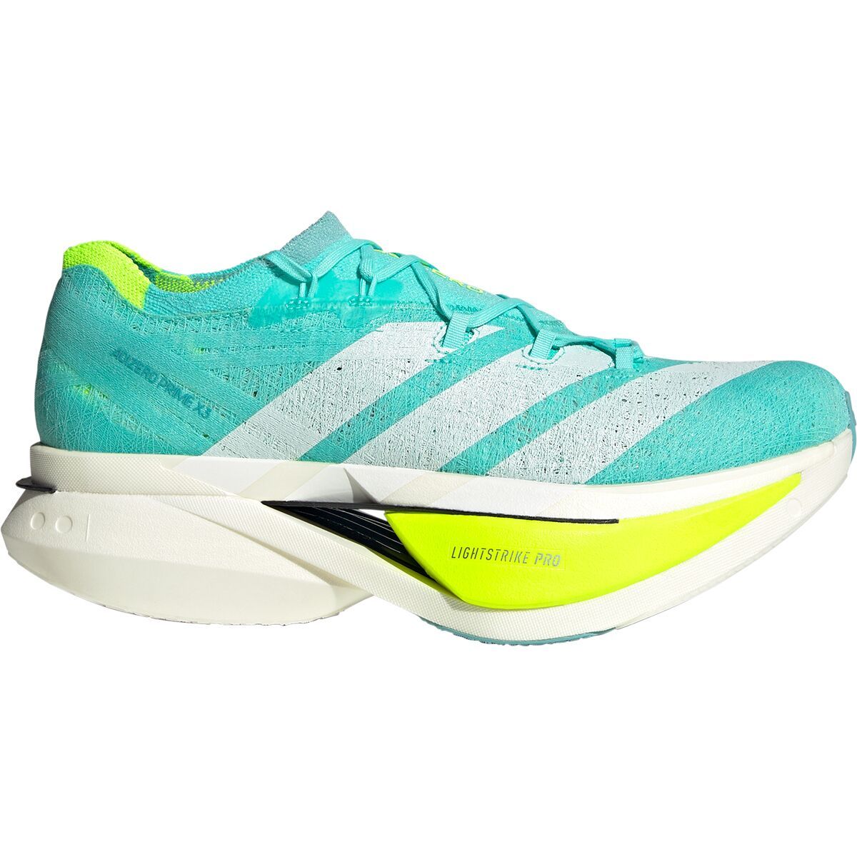 Image of Adidas Adizero Prime X3 Strung Running Shoe Flash Aqua/Zero Metallic/Lucid Lemon, Mens 7.0/Womens 8.0