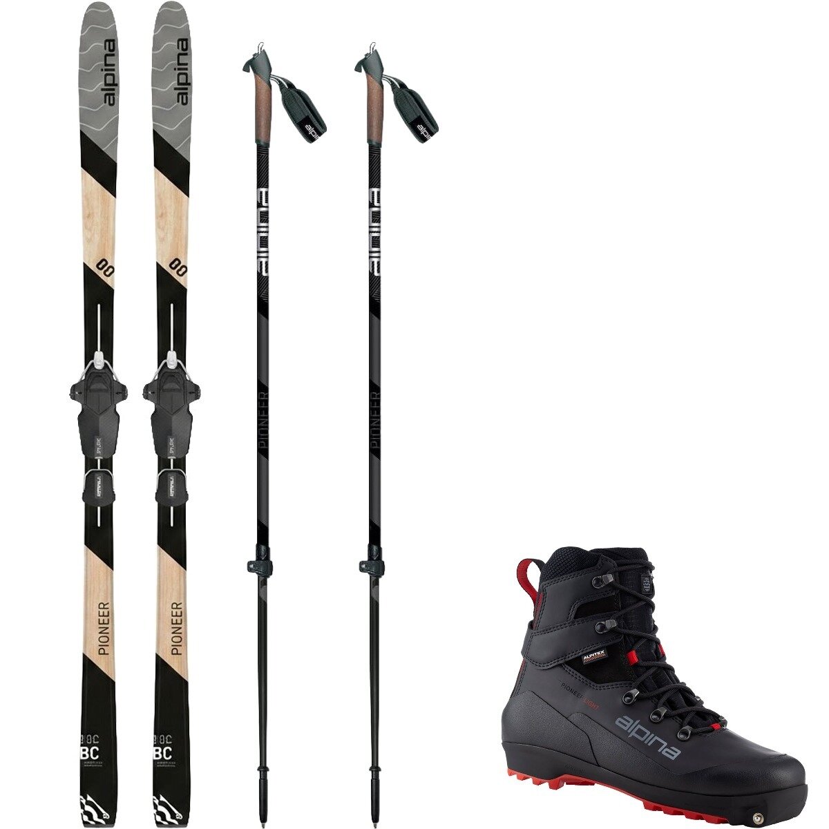 Image of Alpina Pioneer 80 PM Xplore Ski Package w/ Poles Black/Grey,Black/Red, 186cm,44,One Size