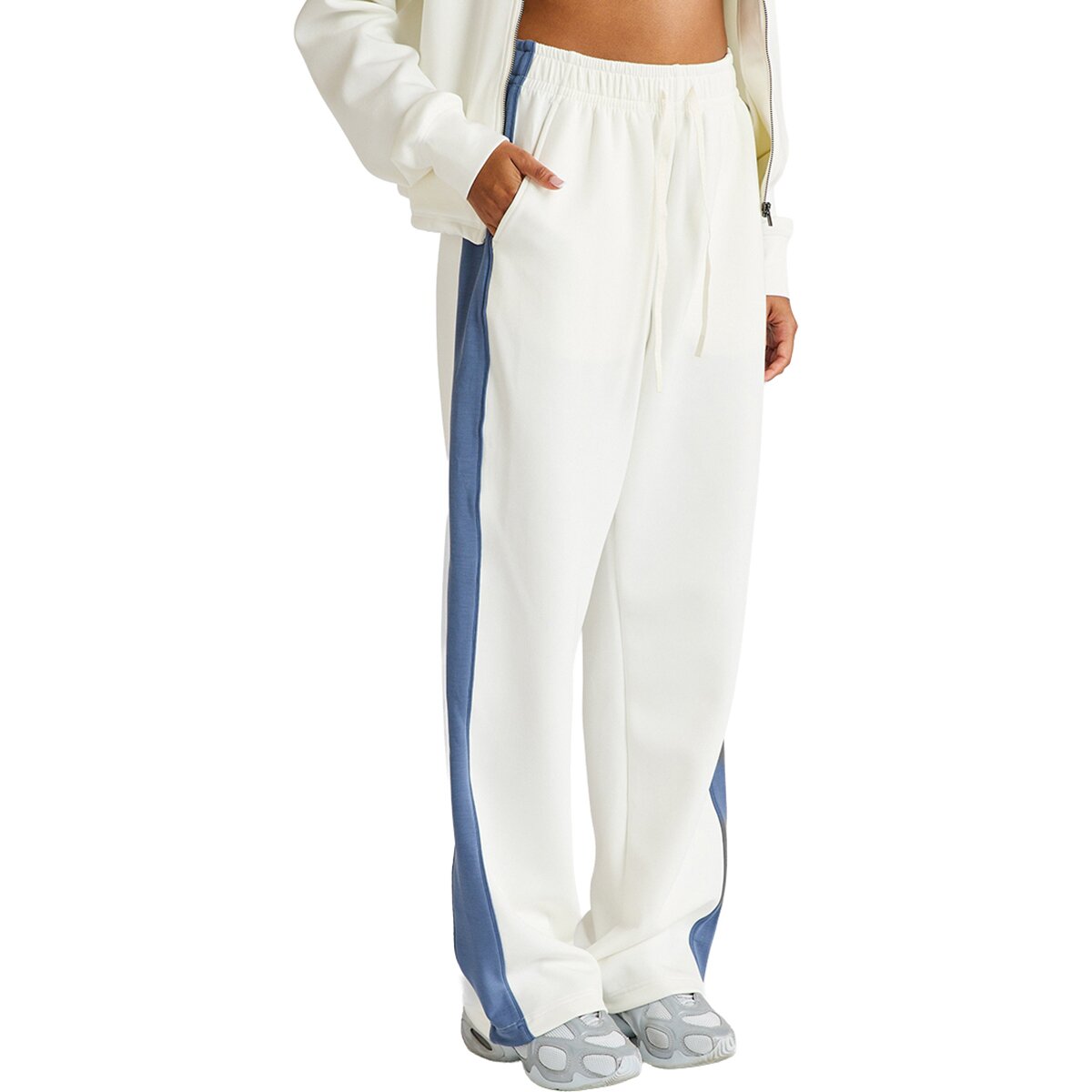Image of All Fenix Soft Luxury Contrast Wide Leg Track Pant - Women's Chalk/Blue Indigo, M