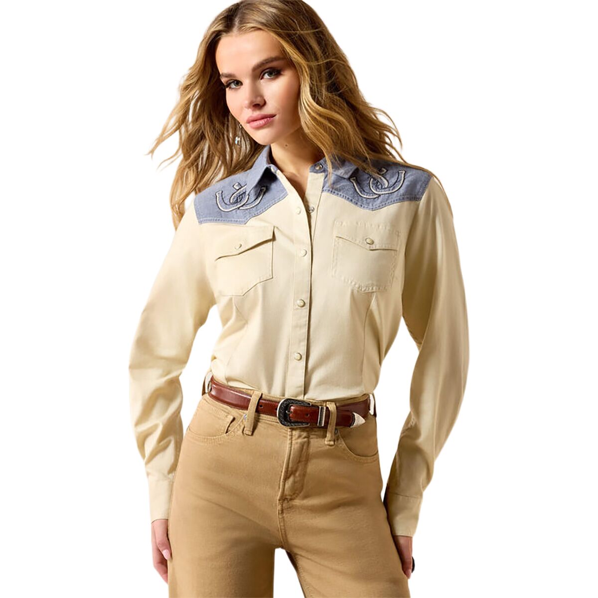 Image of Ariat Horseshoe Western Snap Shirt -Women's Summer Sand/Chambray, L