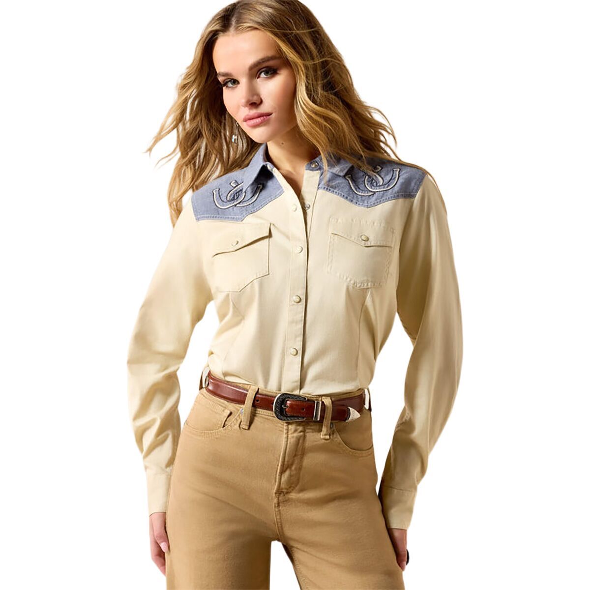 Image of Ariat Horseshoe Western Snap Shirt -Women's Summer Sand/Chambray, XL