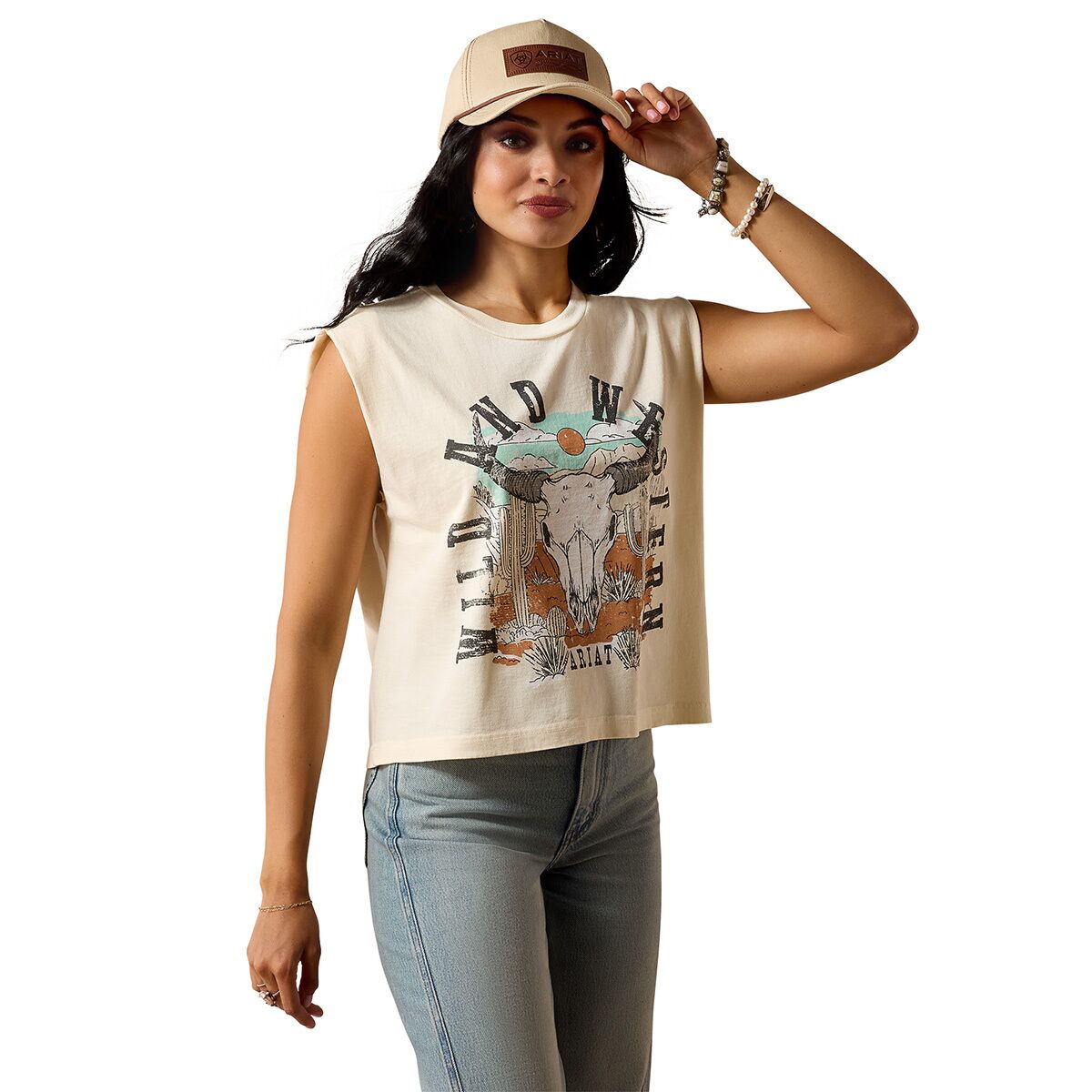 Image of Ariat Steer Skull Landscape T-Shirt - Women's Faded Ivory, M