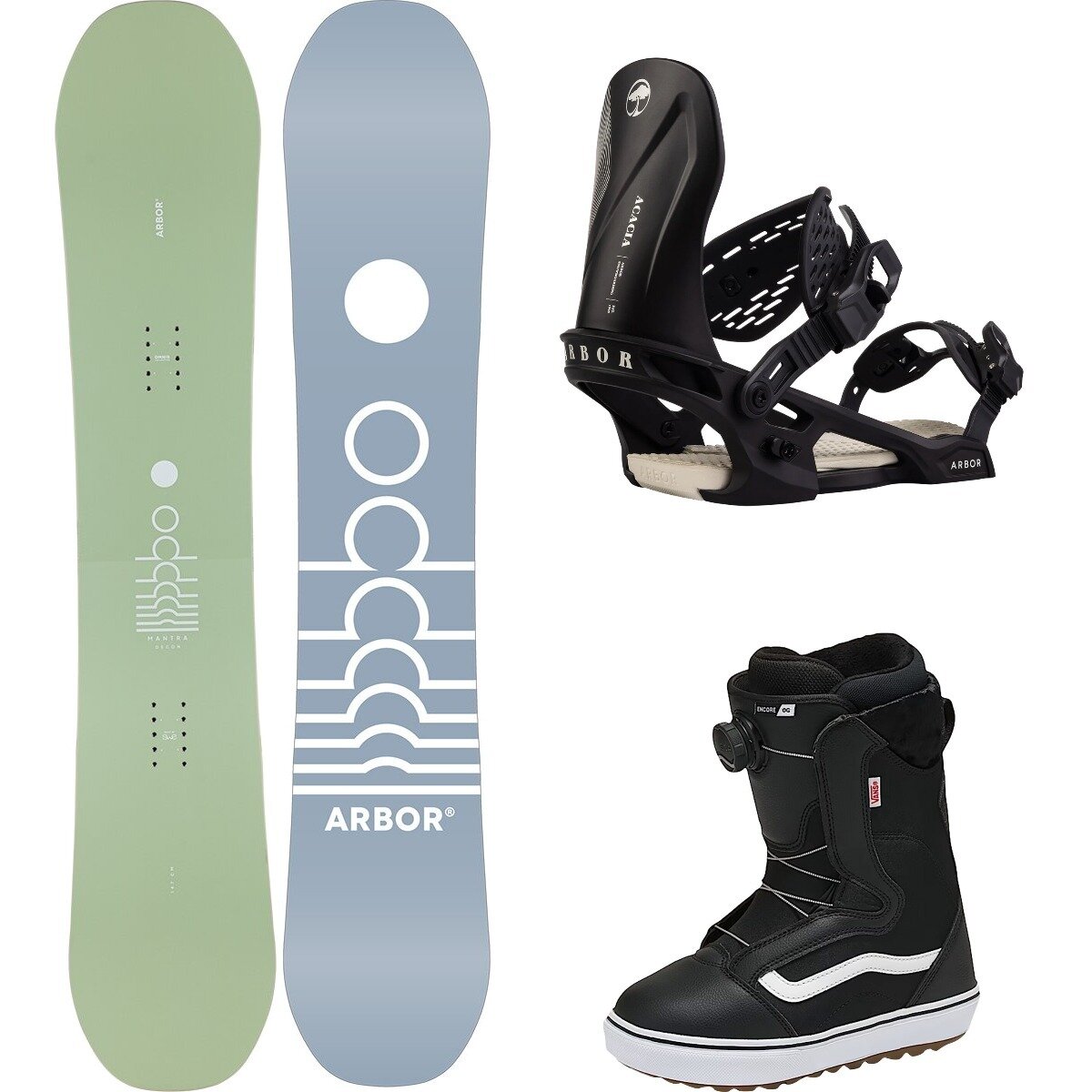 Arbor Mantra Decon w/ Encore OG + Acacia Snowboard Pkg - Women's One/Blk/Msmlw/Blk/Wht 20, 147cm/S/6.0