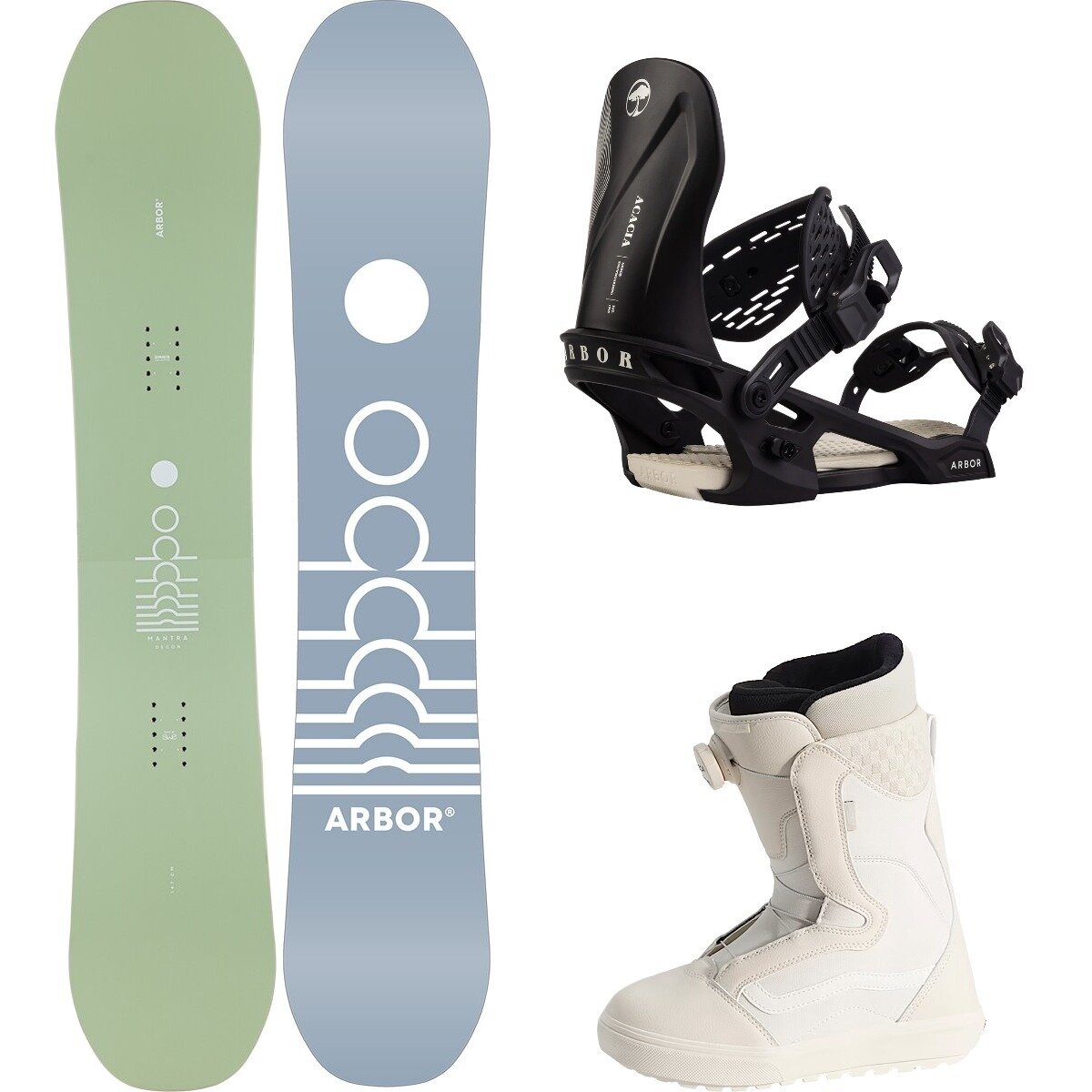 Arbor Mantra Decon w/ Encore OG + Acacia Snowboard Pkg - Women's One/Blk/Msmlw/Msmlw/Chkrbrd, 147cm/M/7.5