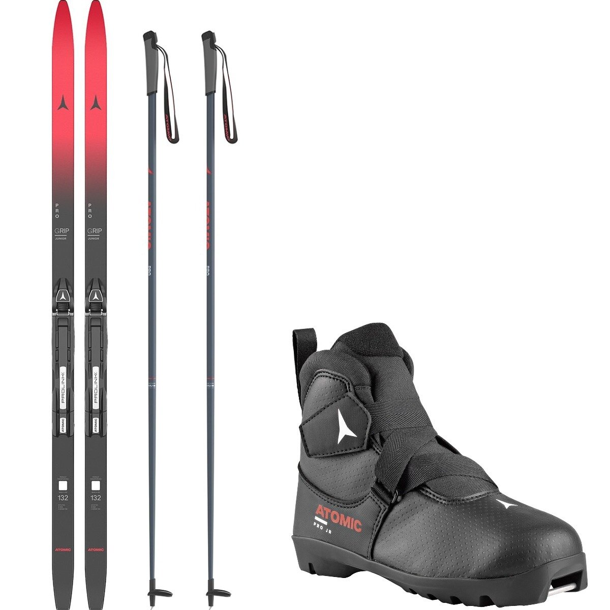 Image of Atomic Pro Grip Jr XC Ski Package w/ Poles - Kids' Red/Black/Black, 100cm/2/115cm