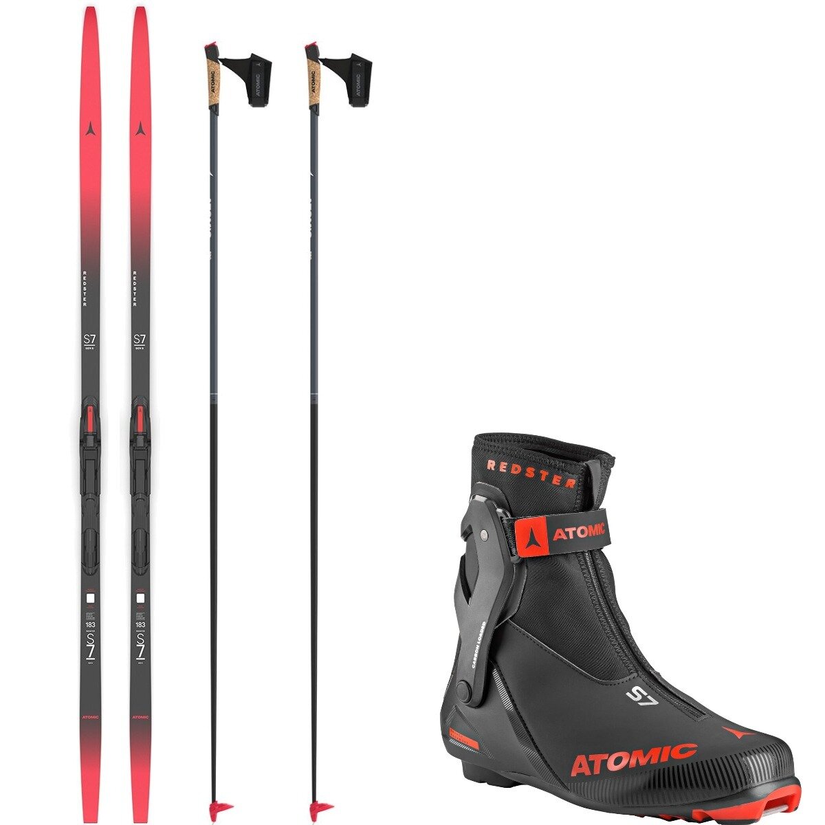 Image of Atomic Redster S7 Gen S Medium Skate Ski Package w/ Poles Red/Black/Black/Grey, 183cm/US 11.0/UK 10.5/140cm