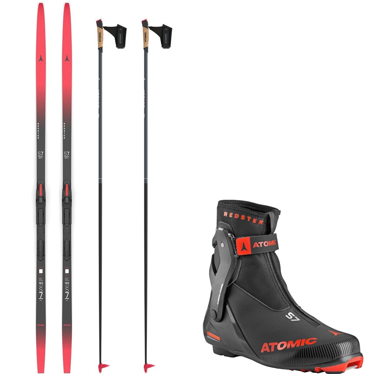 Image of Atomic Redster S7 Gen S Stiff Skate Ski Package w/ Poles Red/Black/Black/Grey, 183cm/US 11.0/UK 10.5/140cm