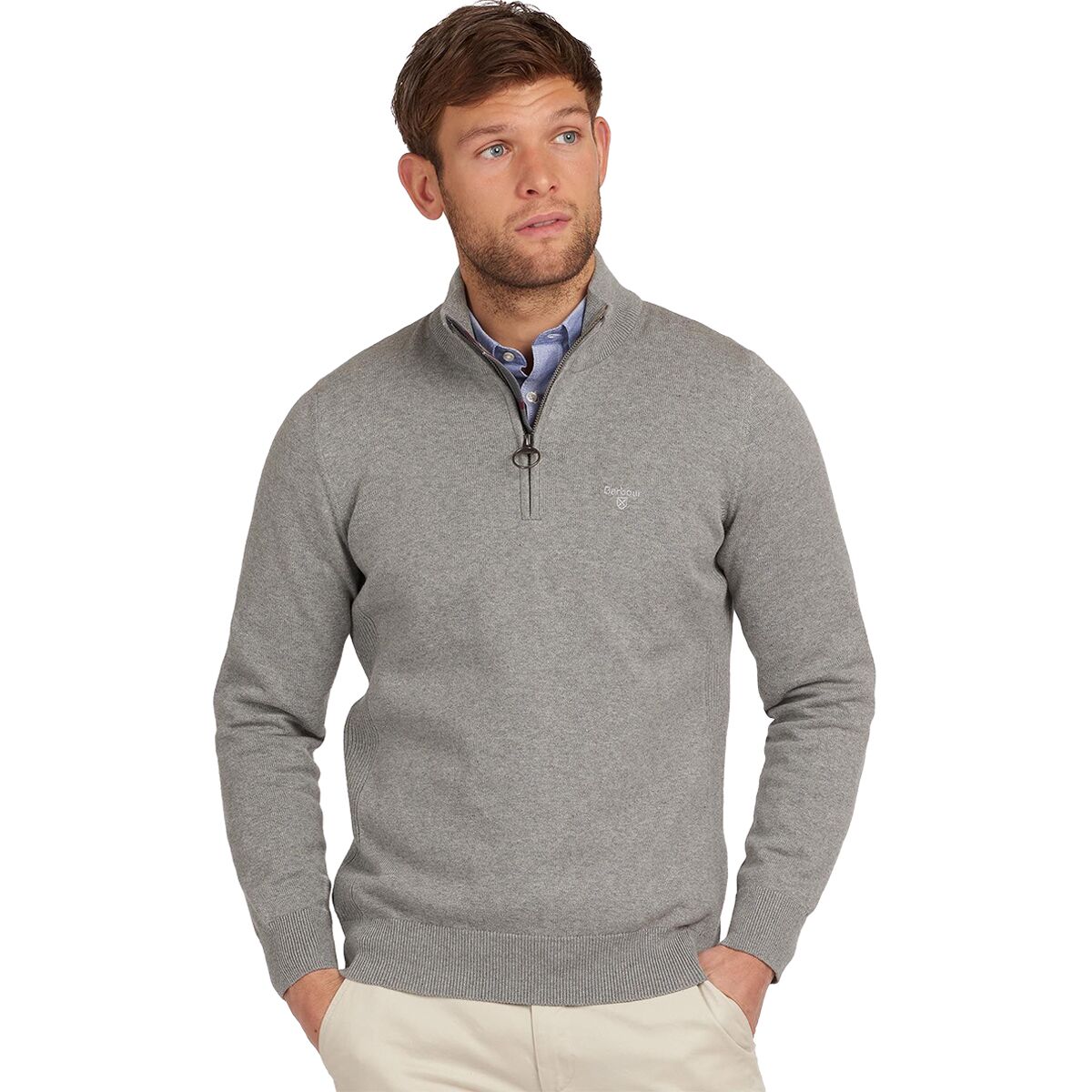 Image of Barbour Cotton 1/2-Zip Sweater - Men's Grey Marl, XL