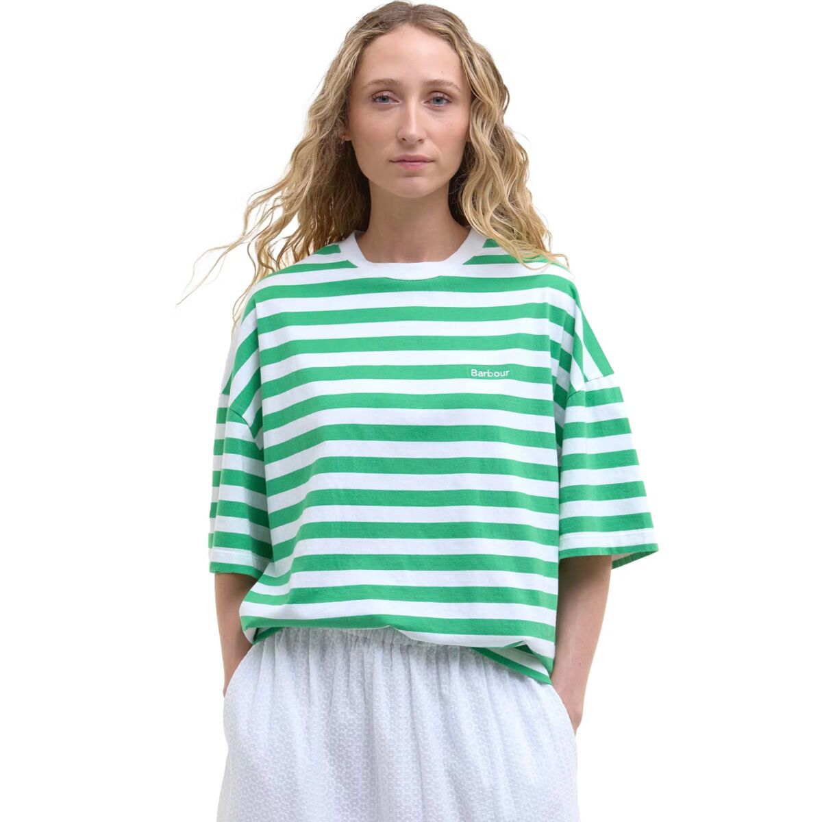 Image of Barbour Abby Top - Women's White/Kelly Green, US 4/UK 8