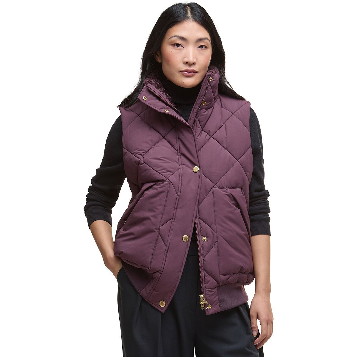 Image of Barbour Becky Puffer Gilet - Women's Black Cherry/Muted Tartan, US 4/UK 8