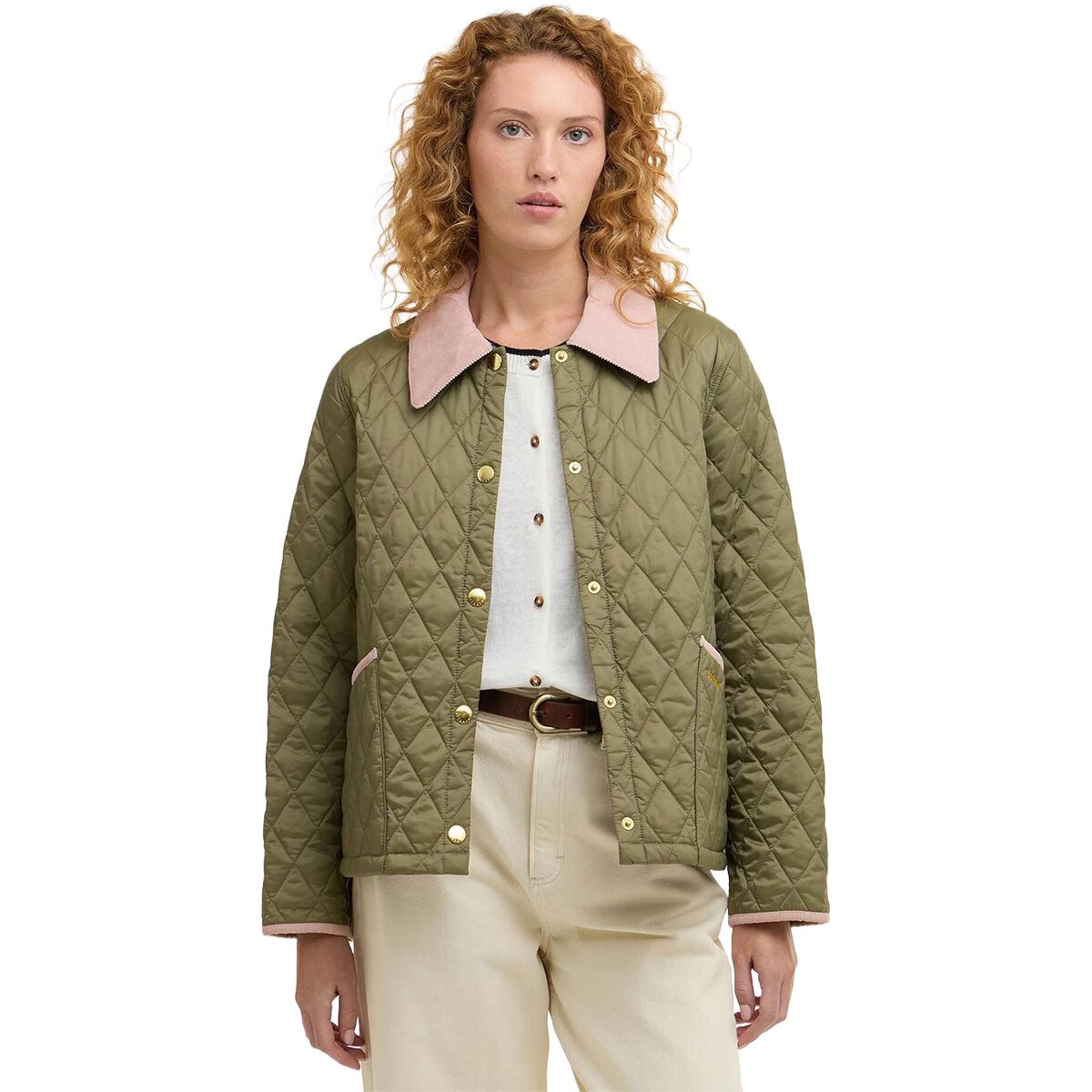 Image of Barbour Icons Cropped Liddesdale Quilted Jacket - Women's Bleached Olive/Ancient/Gardenia, US 10/UK 14