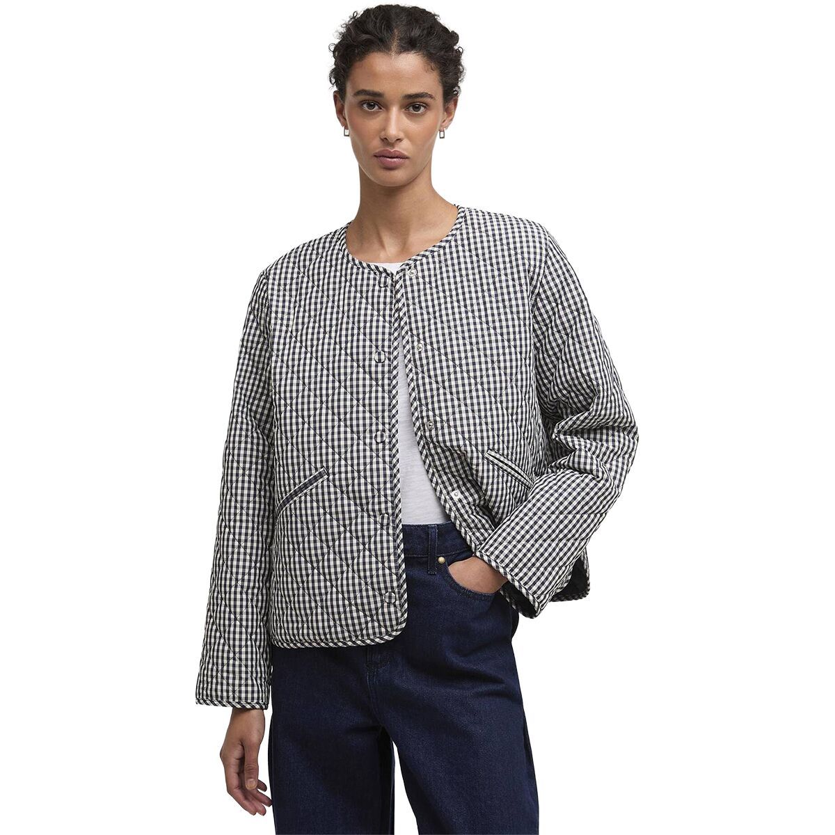 Image of Barbour Cashel Check Collarless Quilted Jacket - Women's Navy Gingham/Dark Navy, US 8/UK 12