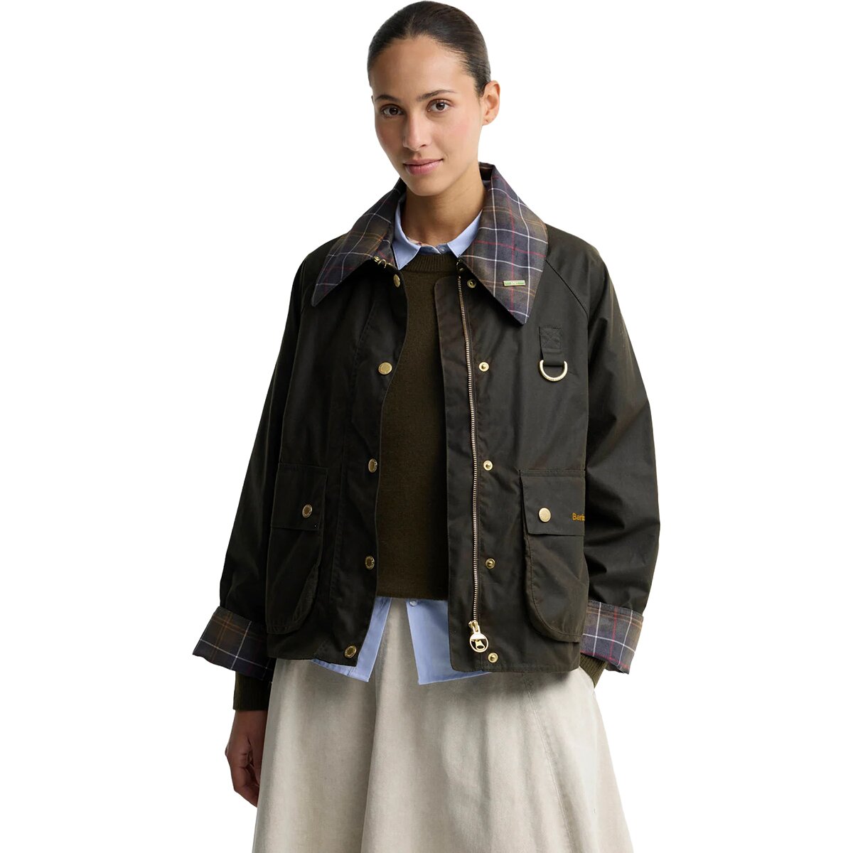 Image of Barbour Icons Tartan Collar Spey Wax Jacket - Women's Olive/Classic, US 10/UK 14