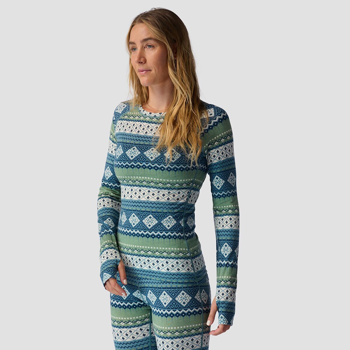 Backcountry Spruces Print Lightweight Merino Crew - Women's Dress Blue Fair Isle Print, L