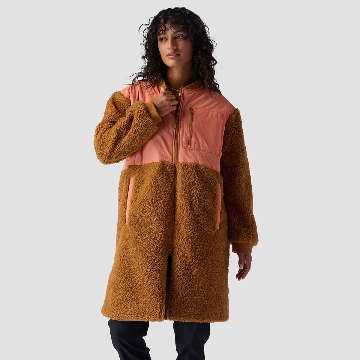 Backcountry Mixed Fabric Fleece Long Coat - Women's Brown Sugar/Tawny Orange/Fired Brick, XS