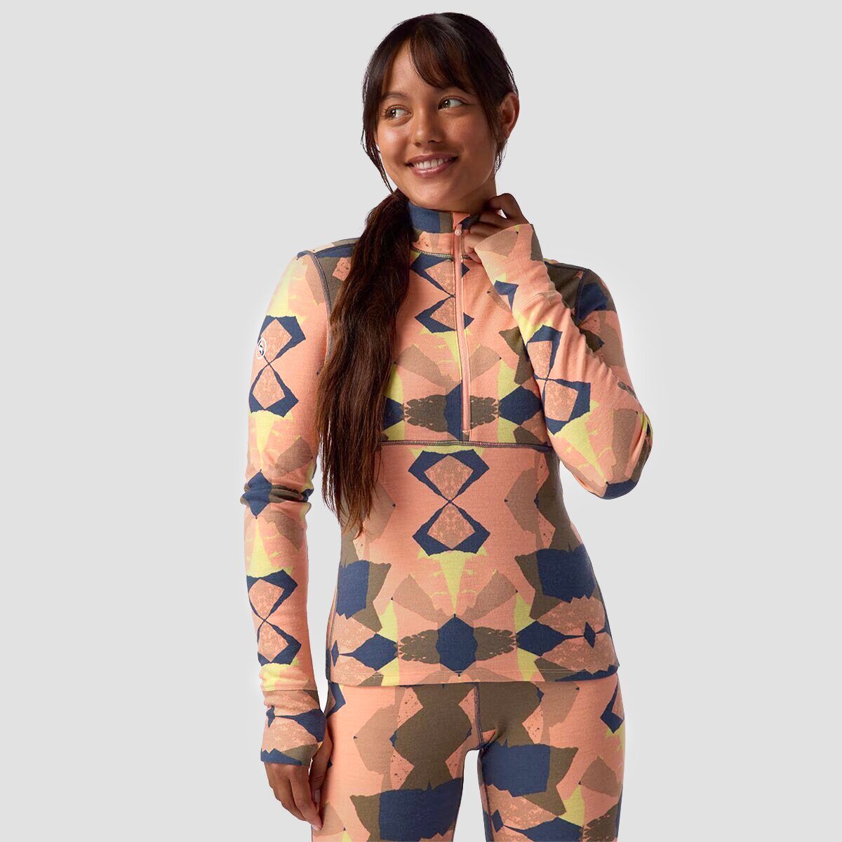 Backcountry Cedars RWS Merino Mid-Wt Baselayer 1/4-Zip Top - Women's Peach Sky Geo Collage Print, XL