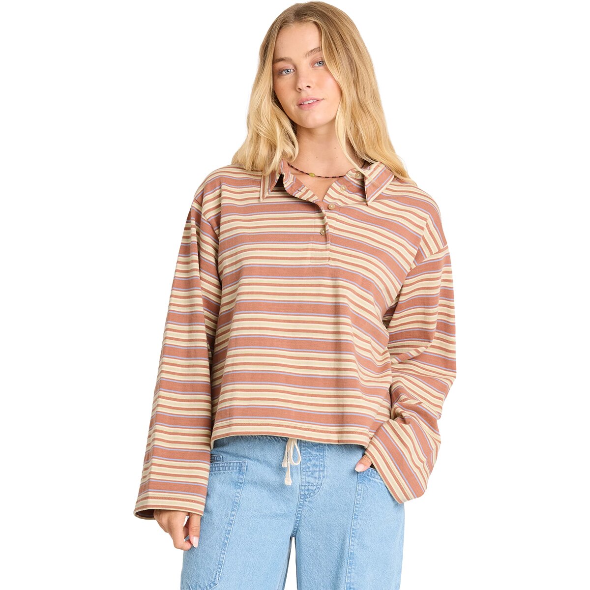 Image of Billabong Sugar Stripe Long-Sleeve Polo Top - Women's Sugar Almond, XS