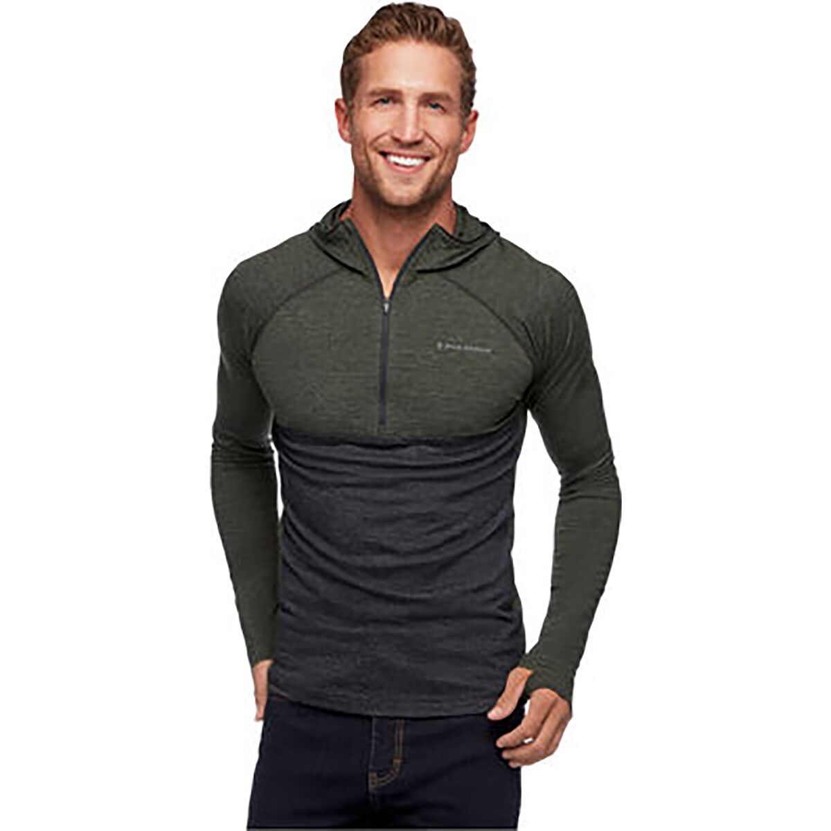 Image of Black Diamond Solution Wool Half-Zip Hooded Baselayer Top - Men's Black/Cypress, S