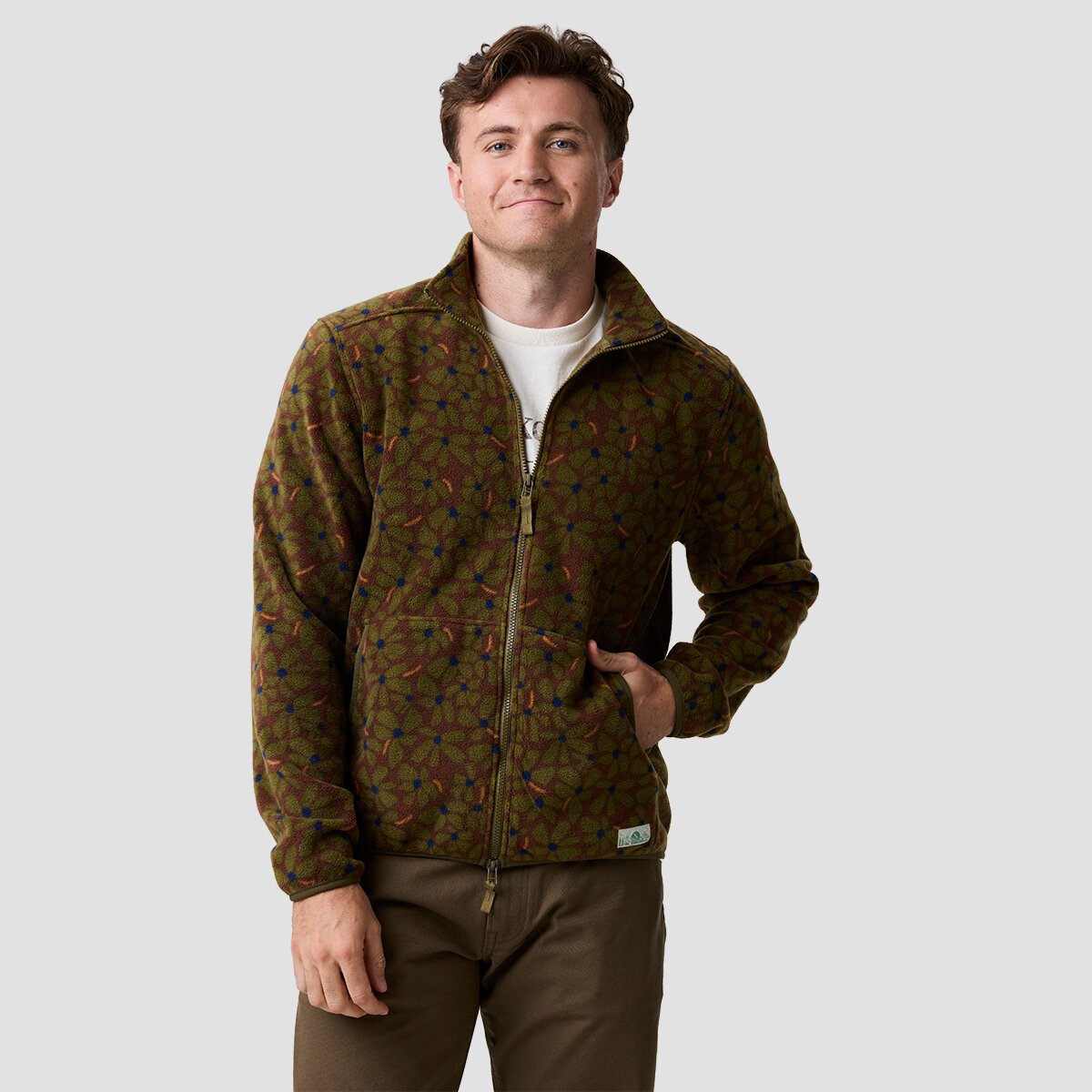 Image of Basin and Range Plenty Warm Polar Fleece Jacket - Men's Dark Olive Floral Print, XL