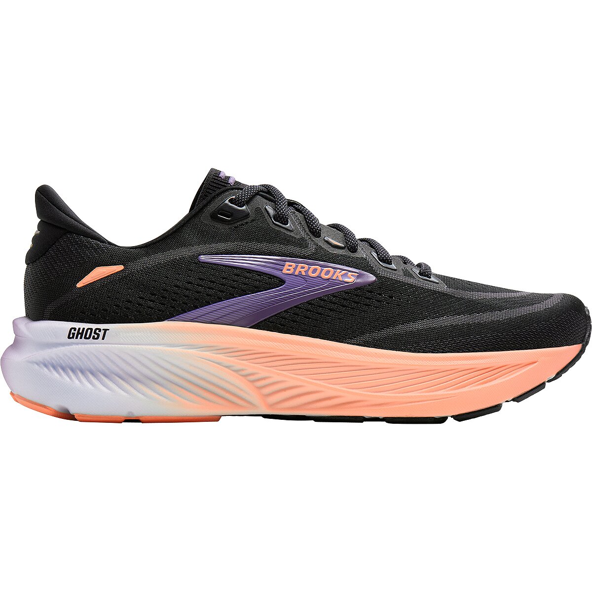 Image of Brooks Ghost 18 Running Shoe - Women's Black/Mulled Grape/Peach, 9.5