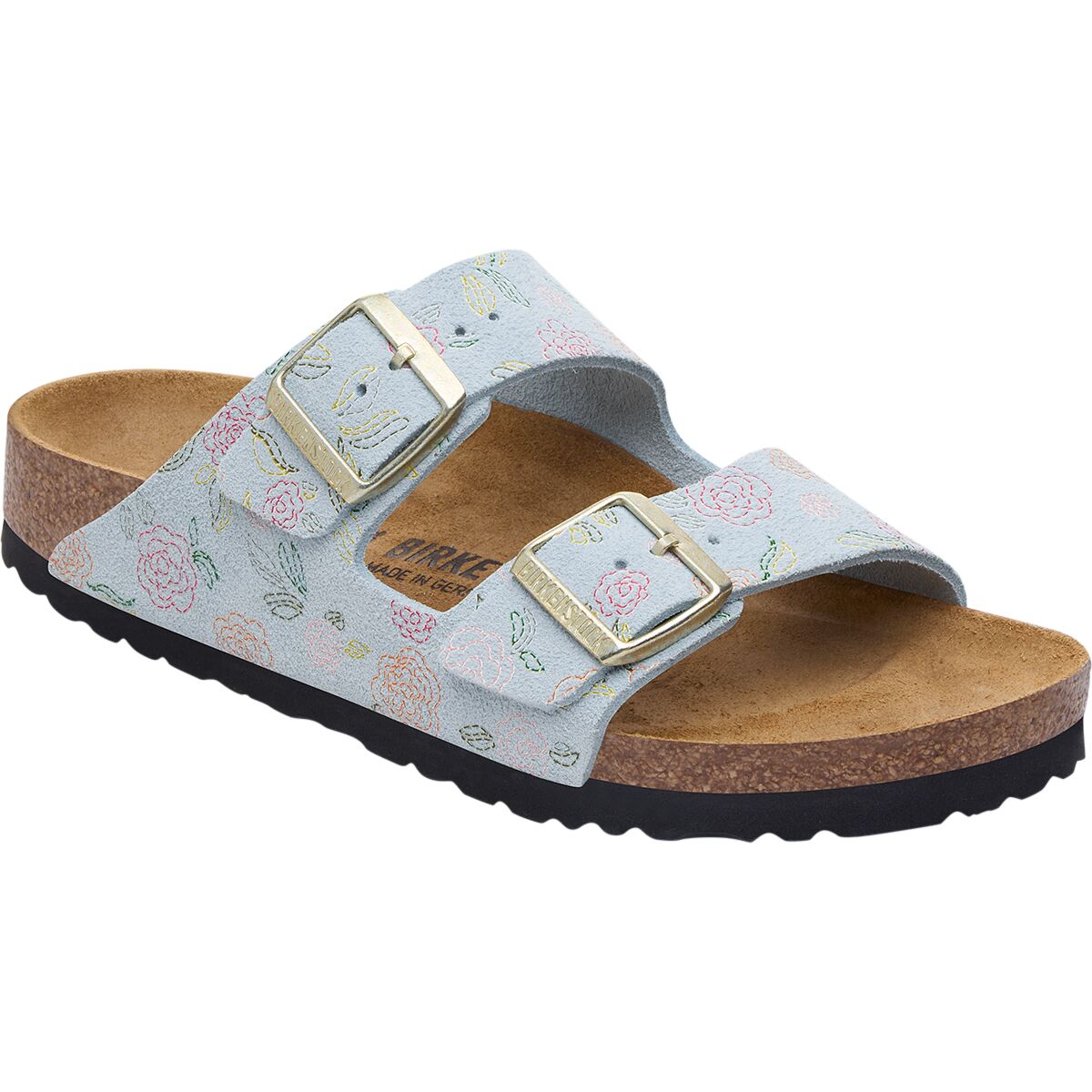 Image of Birkenstock Arizona Suede Narrow Sandal - Women's Flowers Baby Blue Suede, 40.0