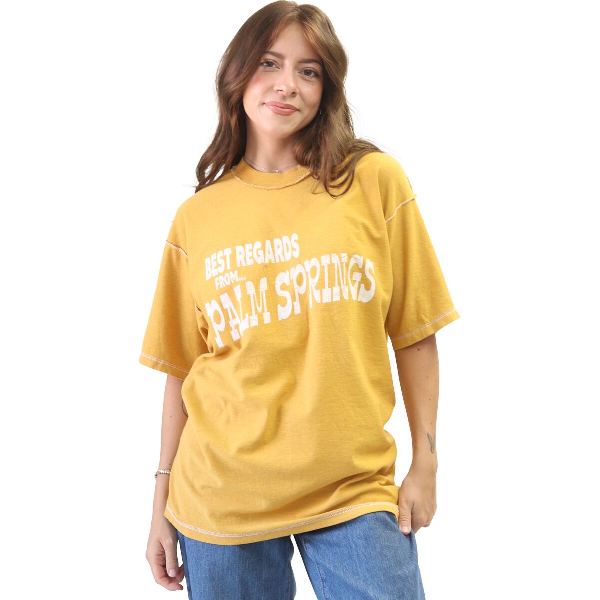 Image of Best Regards Palm Springs Postcard T-Shirt - Women's Yellow, XL