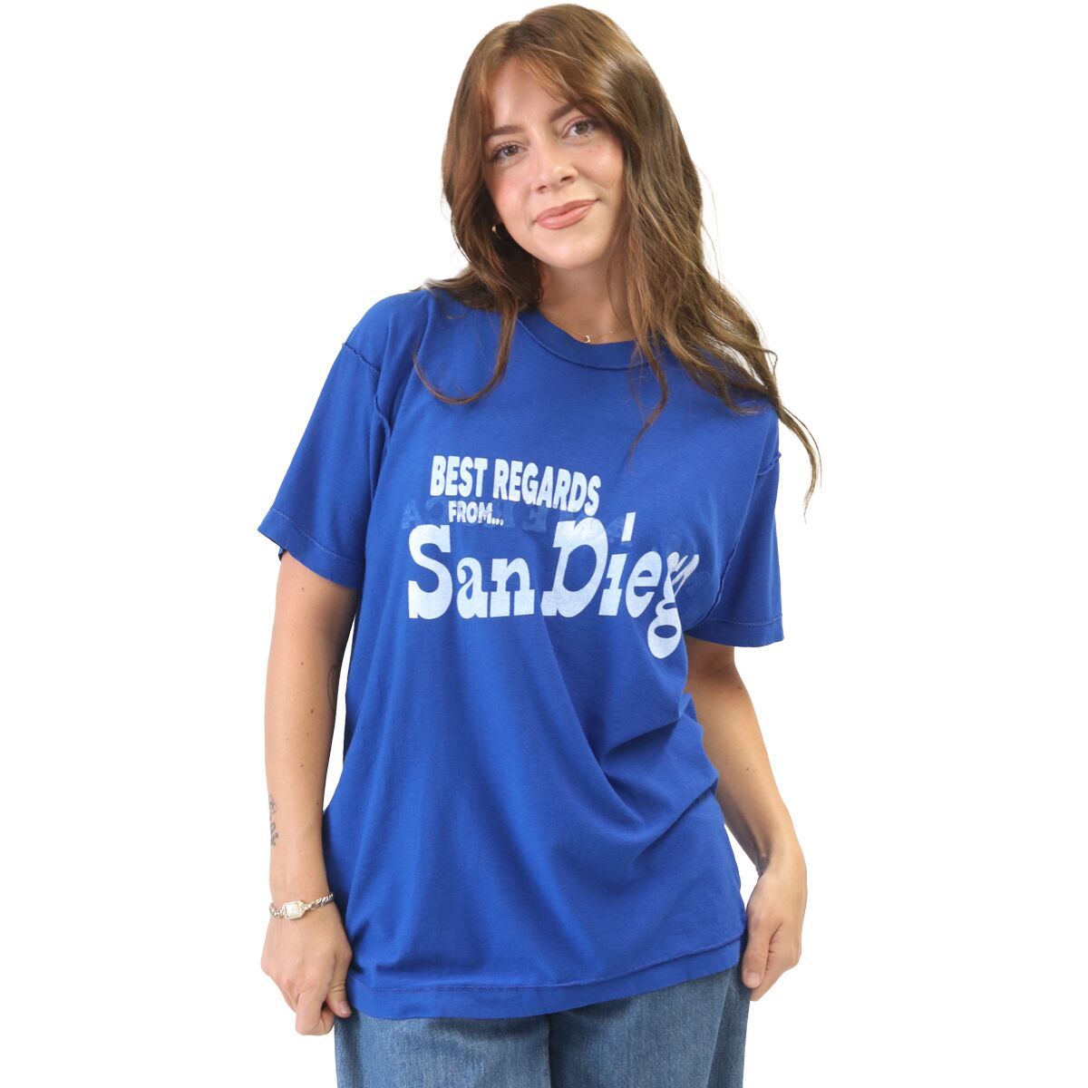 Image of Best Regards San Diego Postcard T-Shirt - Women's Royal Blue, S/M