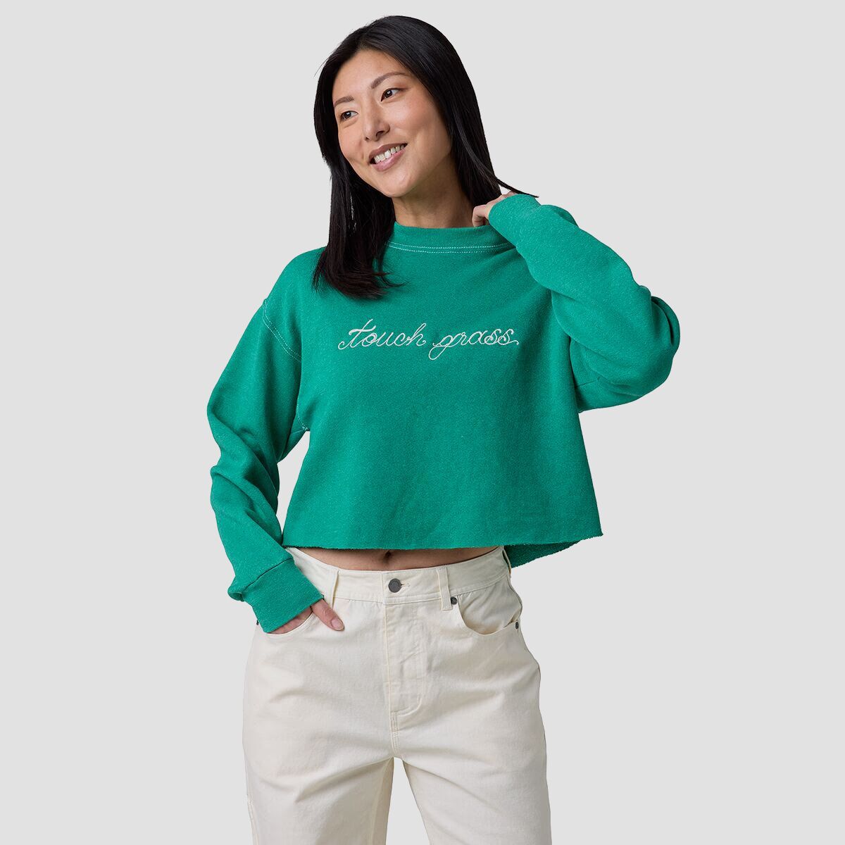 Image of Best Regards Touch Grass Cropped Chainstitch Sweatshirt - Women's Green, M/L
