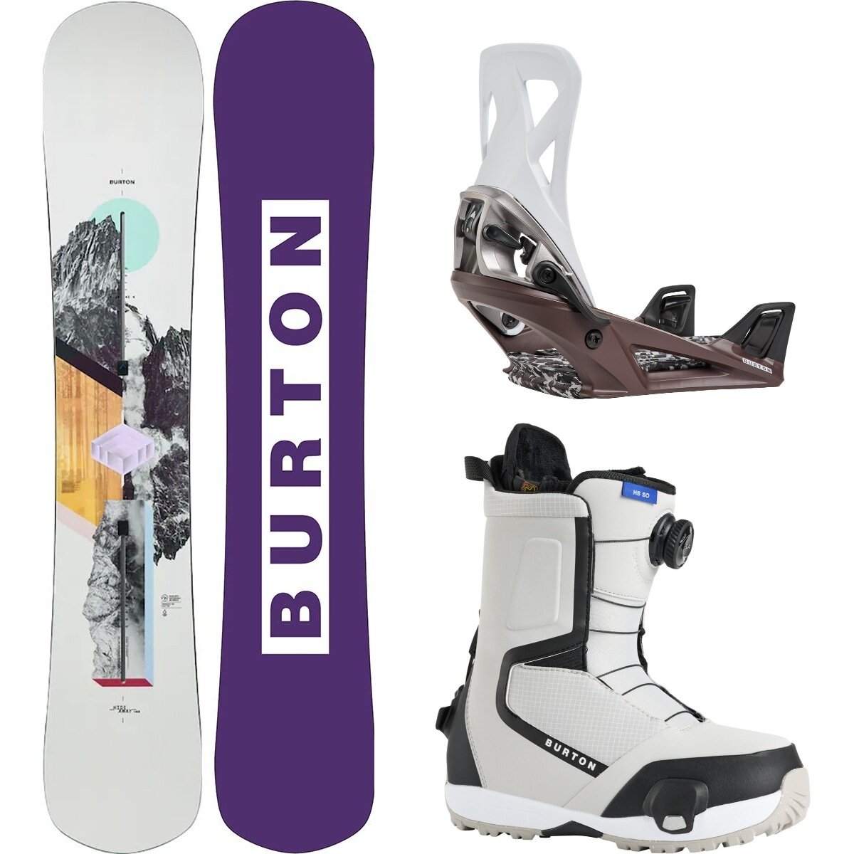 Image of Burton Hideaway Snowboard + Step On Re:Flex Binding + Highshot Boot One Color, Bear Hug Brown, Gray Cloud, 155cm, M, 8.5