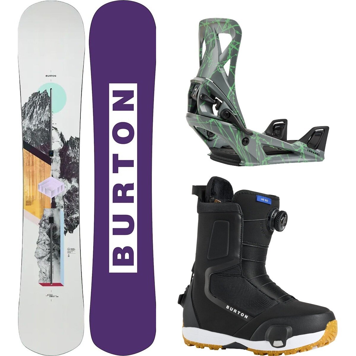 Image of Burton Hideaway Snowboard + Step On Re:Flex Binding + Highshot Boot One Color, Gray/Greenv, Black, 144cm, M, 8.5
