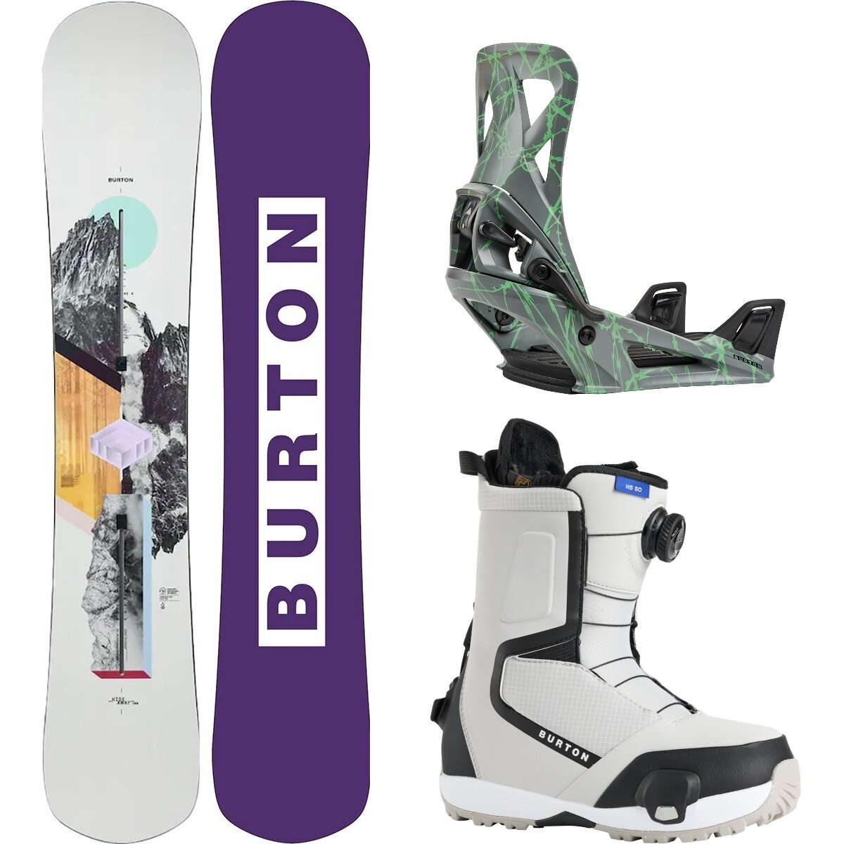 Image of Burton Hideaway Snowboard + Step On Re:Flex Binding + Highshot Boot One Color, Gray/Greenv, Gray Cloud, 148cm, M, 7.5