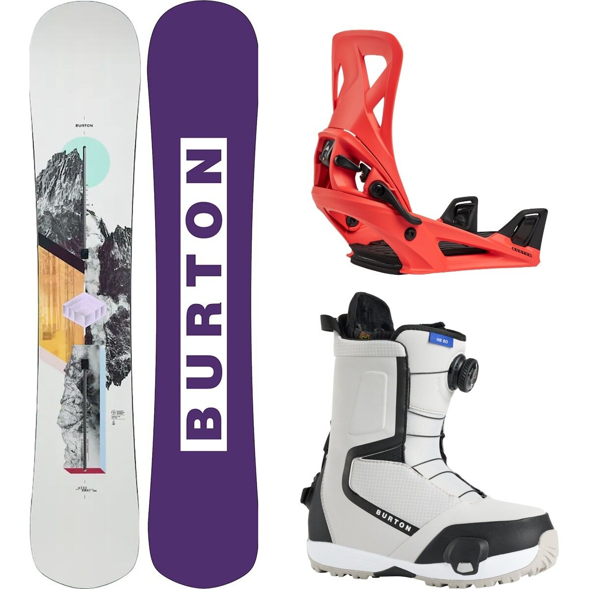 Image of Burton Hideaway Snowboard + Step On Re:Flex Binding + Highshot Boot One Color, Hot Tamale, Gray Cloud, 148cm, M, 7.5