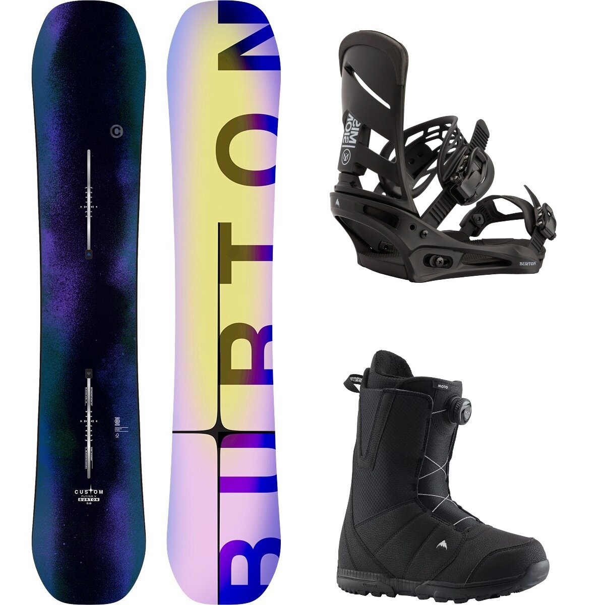 Image of Burton Custom Flying V w/ Moto Boa + Mission Re:Flex Snowboard Pkg Faded,Black,Black, 154cm wide,M,8.5