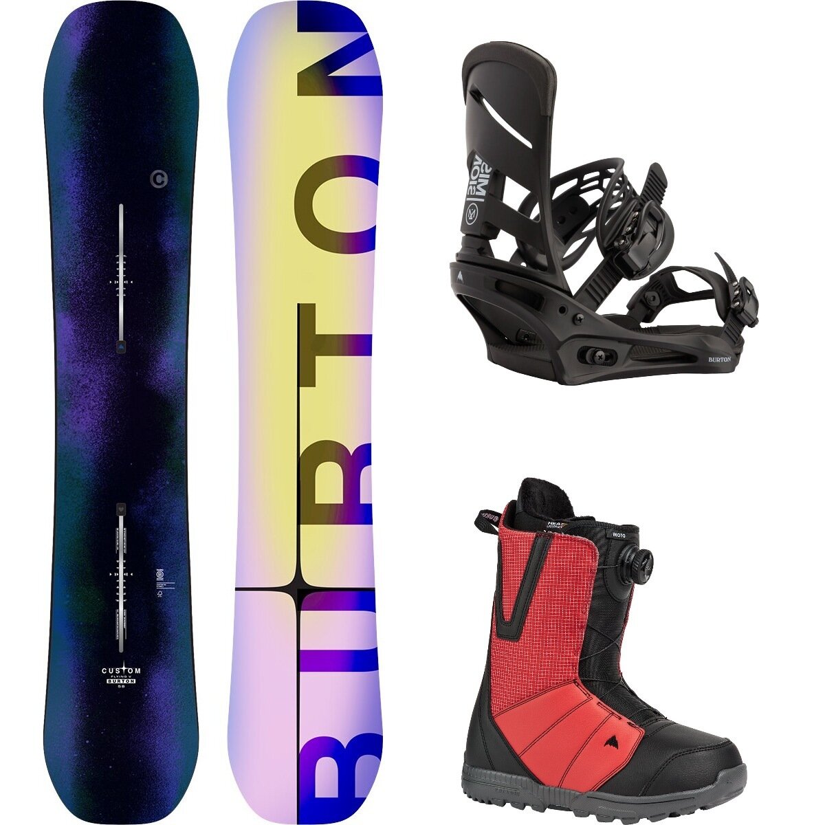 Image of Burton Custom Flying V w/ Moto Boa + Mission Re:Flex Snowboard Pkg Faded,Black,Geranium Red/Black, 154cm,L,10.5