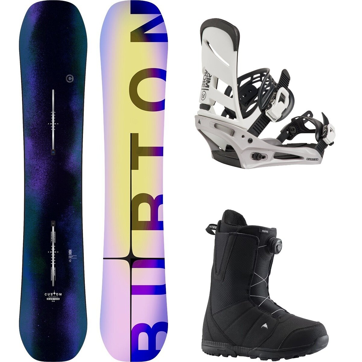 Image of Burton Custom Flying V w/ Moto Boa + Mission Re:Flex Snowboard Pkg Faded,White/Silver,Black, 154cm,L,10.5