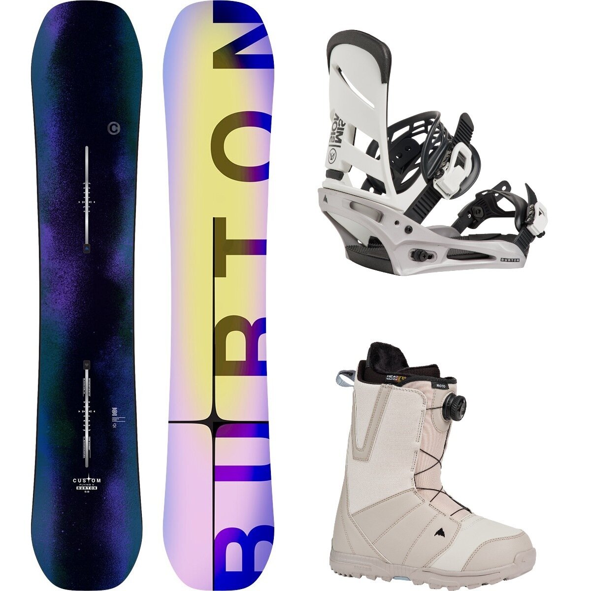 Image of Burton Custom Flying V w/ Moto Boa + Mission Re:Flex Snowboard Pkg Faded,White/Silver,Chinchilla Gray, 154cm Wide,M,11
