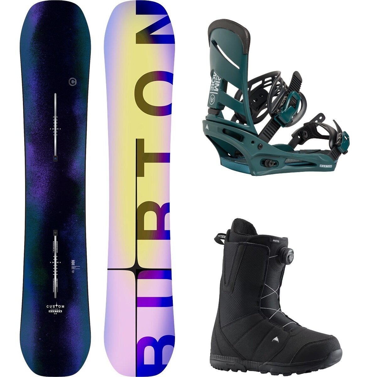 Image of Burton Custom Flying V w/ Moto Boa + Mission Re:Flex Snowboard Pkg Faded,Atlantic Teal,Black, 154cm,L,10