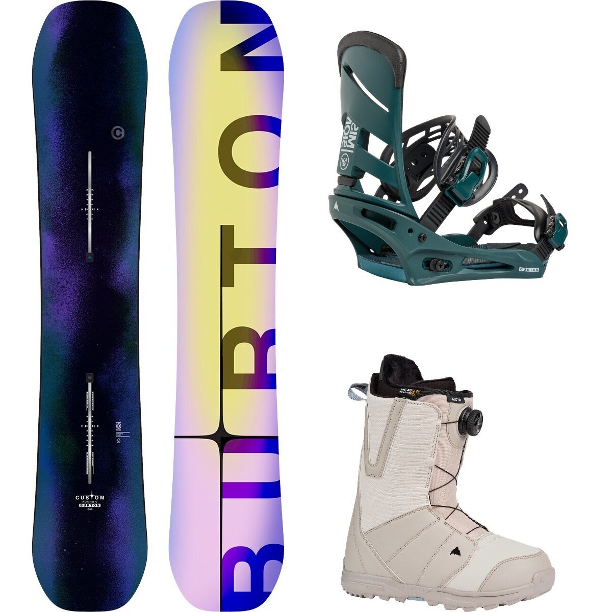 Image of Burton Custom Flying V w/ Moto Boa + Mission Re:Flex Snowboard Pkg Faded,Atlantic Teal,Chinchilla Gray, 154cm Wide,L,12