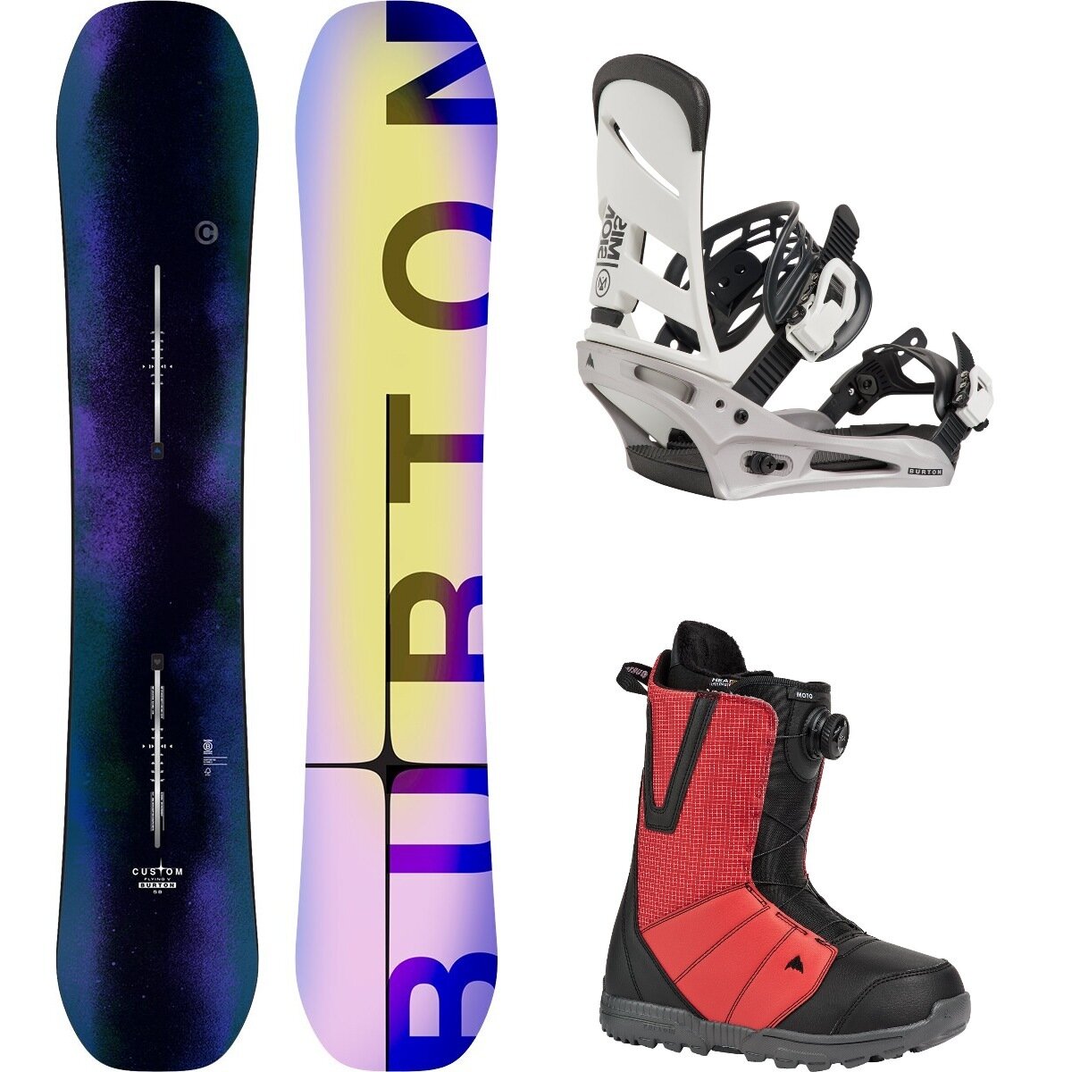 Image of Burton Custom Flying V w/ Moto Boa + Mission Re:Flex Snowboard Pkg Faded,White/Silver,Geranium Red/Black, 156cm,L,10