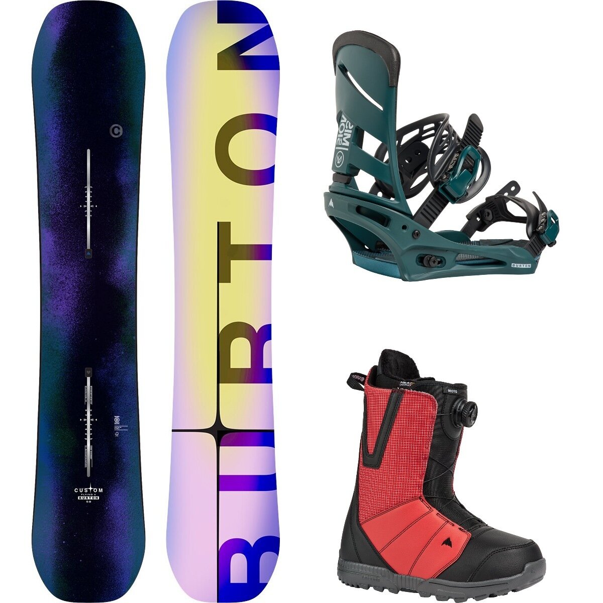 Image of Burton Custom Flying V w/ Moto Boa + Mission Re:Flex Snowboard Pkg Faded,Atlantic Teal,Geranium Red/Black, 154cm,L,11.5
