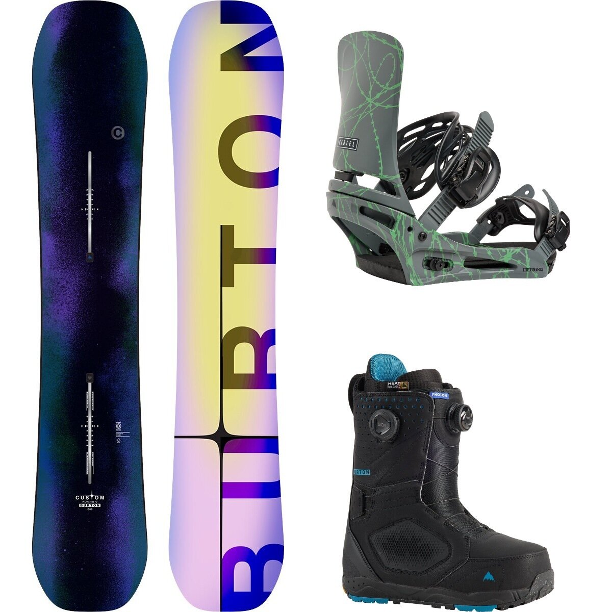 Image of Burton Custom Flying V w/ Photon BOA + Cartel Re:Flex Snowboard Pkg Faded,Gray/Greenv,Black, 154cm,L,10