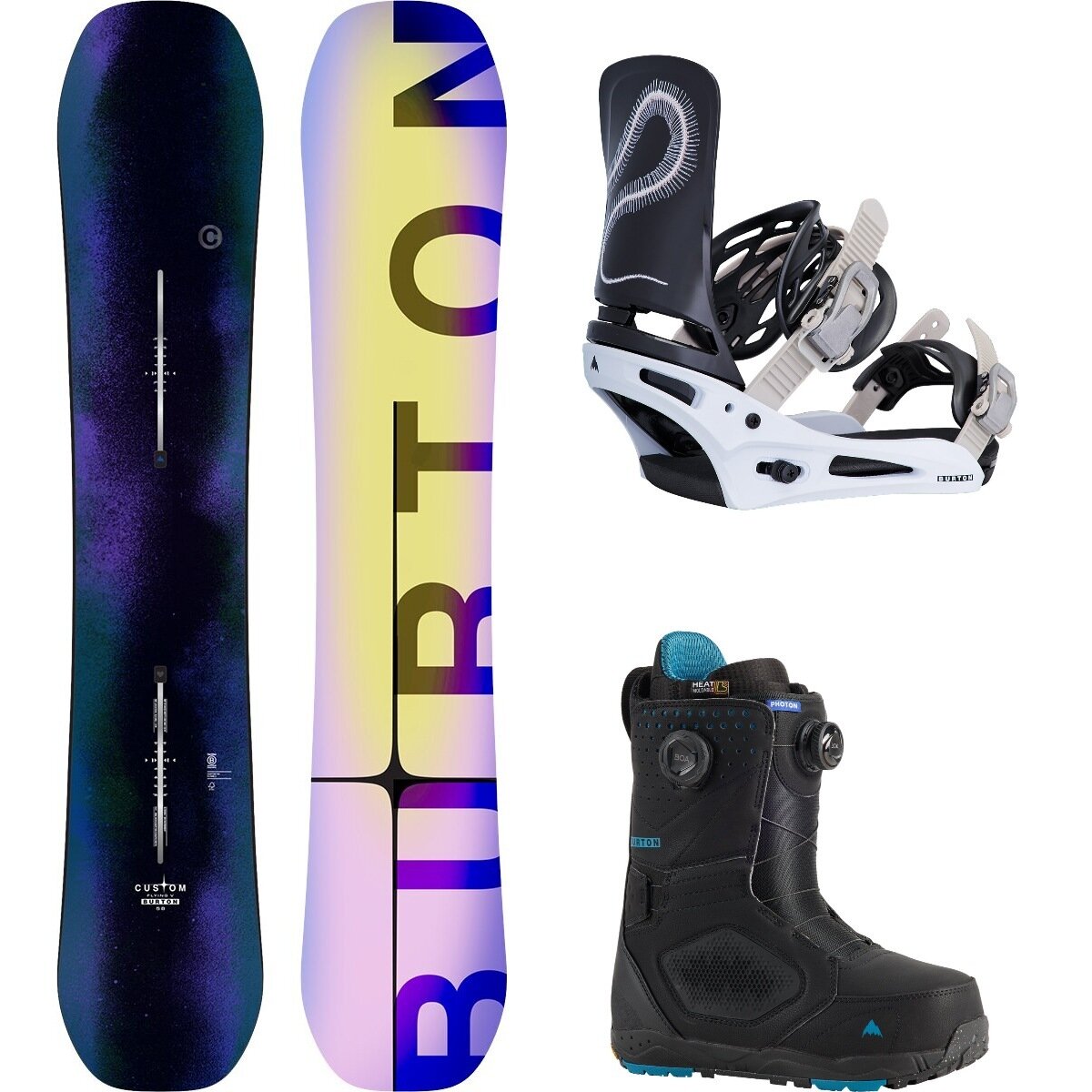 Image of Burton Custom Flying V w/ Photon BOA + Cartel Re:Flex Snowboard Pkg Faded,Skeleton Snake,Black, 154cm wide,M,10
