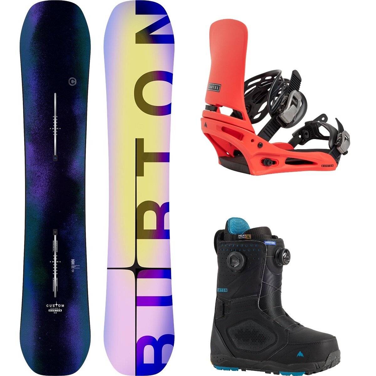 Image of Burton Custom Flying V w/ Photon BOA + Cartel Re:Flex Snowboard Pkg Faded,Hot Tamale,Black, 154cm,L,10.5