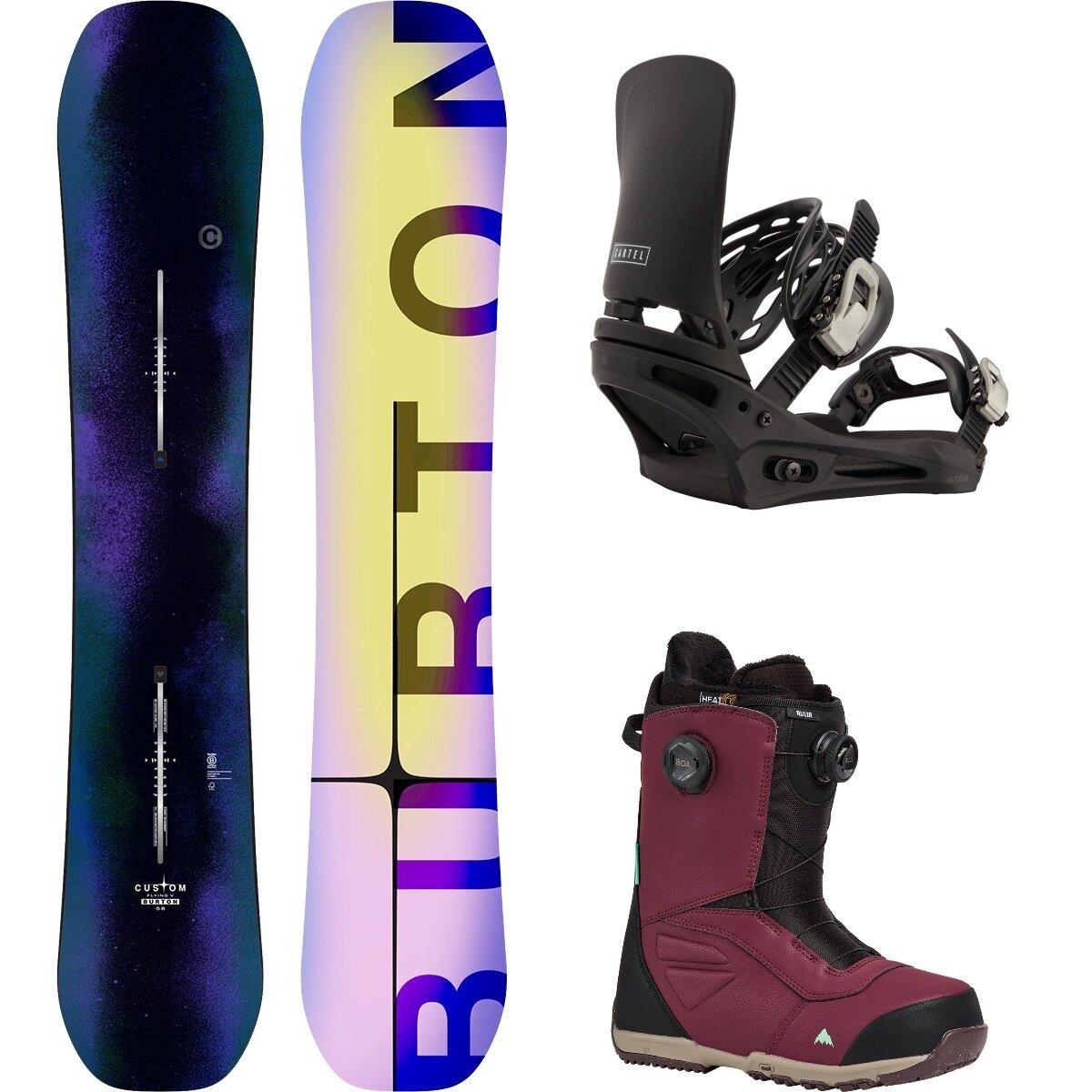 Image of Burton Custom Flying V w/ Ruler Boa + Cartel Snowboard Package Faded,Black,Rum Raisin, 154cm wide,L,10