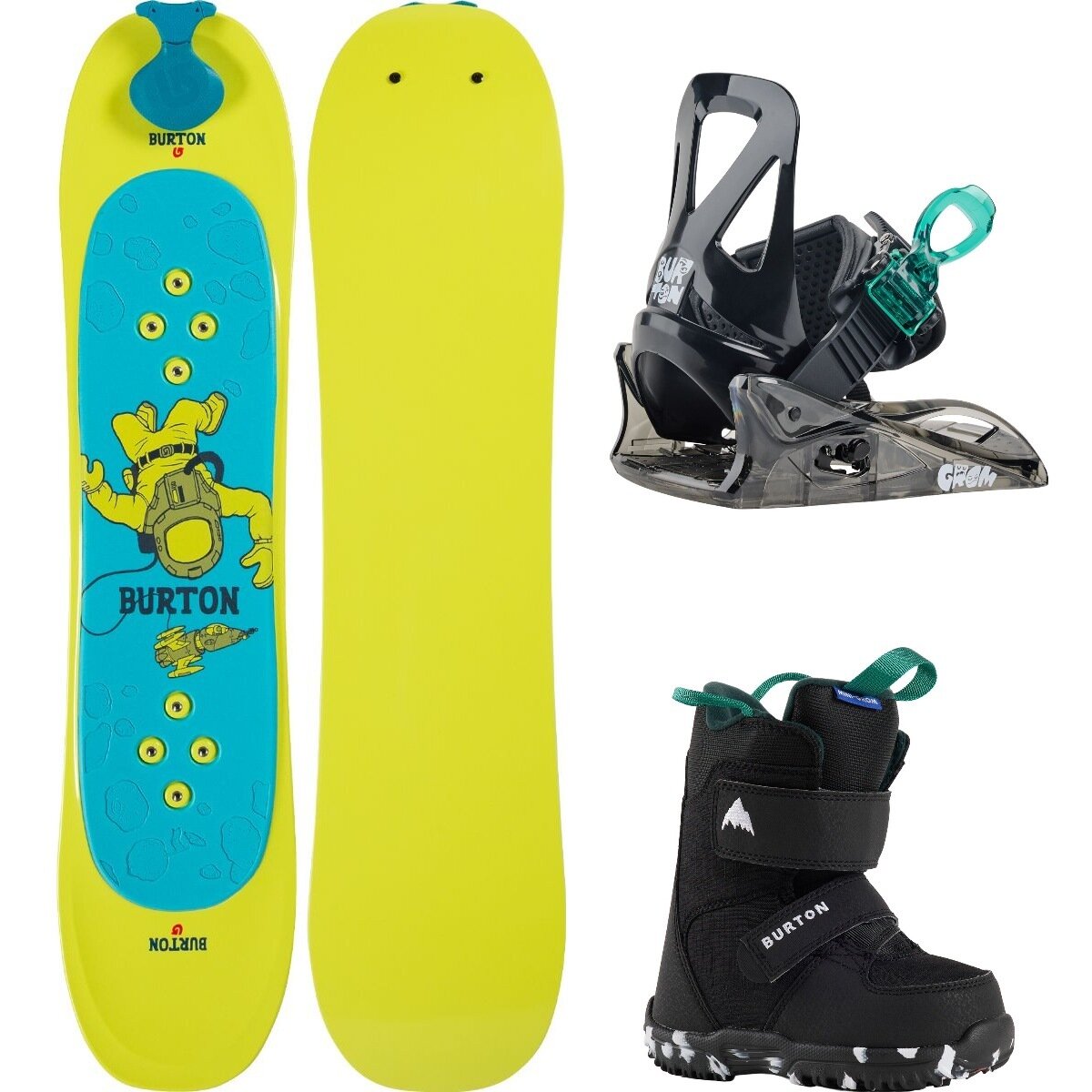 Image of Burton Riglet w/ Mini Grom Boot + Binding Snowboard Package - Kids' OneCol,Black,Black, 90cm,S,8