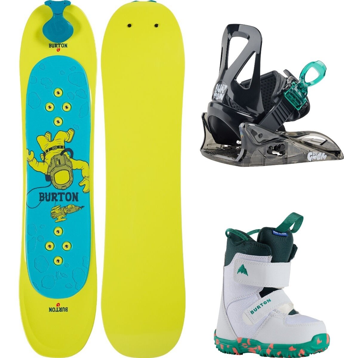 Image of Burton Riglet w/ Mini Grom Boot + Binding Snowboard Package - Kids' OneCol,Black,White, 90cm,S,8