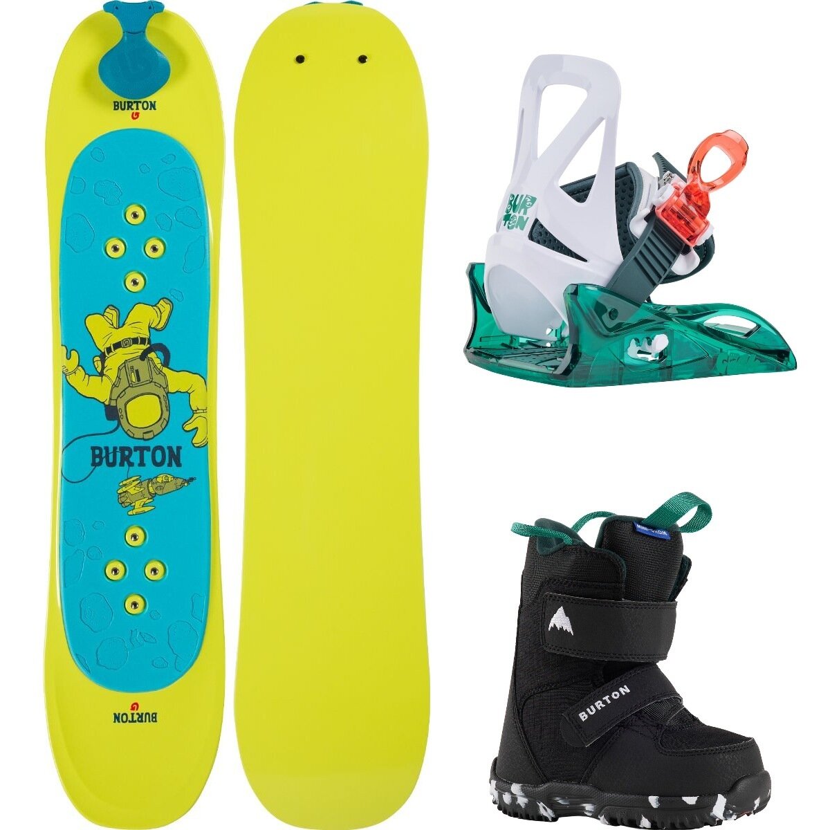 Image of Burton Riglet w/ Mini Grom Boot + Binding Snowboard Package - Kids' OneCol,Green/Multi,Black, 90cm,S,8