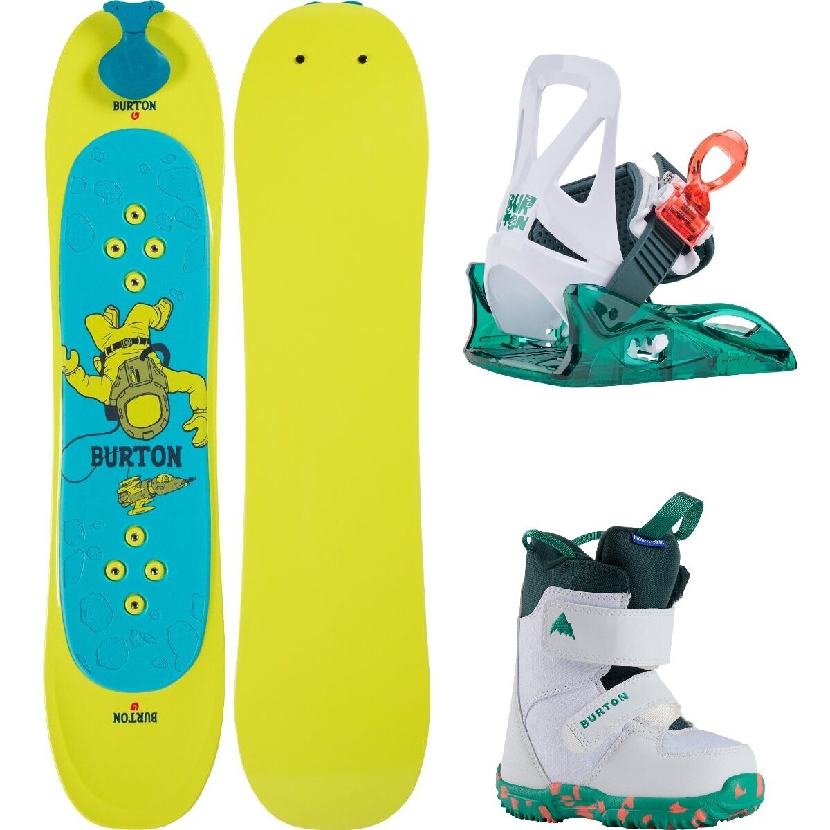 Image of Burton Riglet w/ Mini Grom Boot + Binding Snowboard Package - Kids' OneCol,Green/Multi,White, 90cm,S,7
